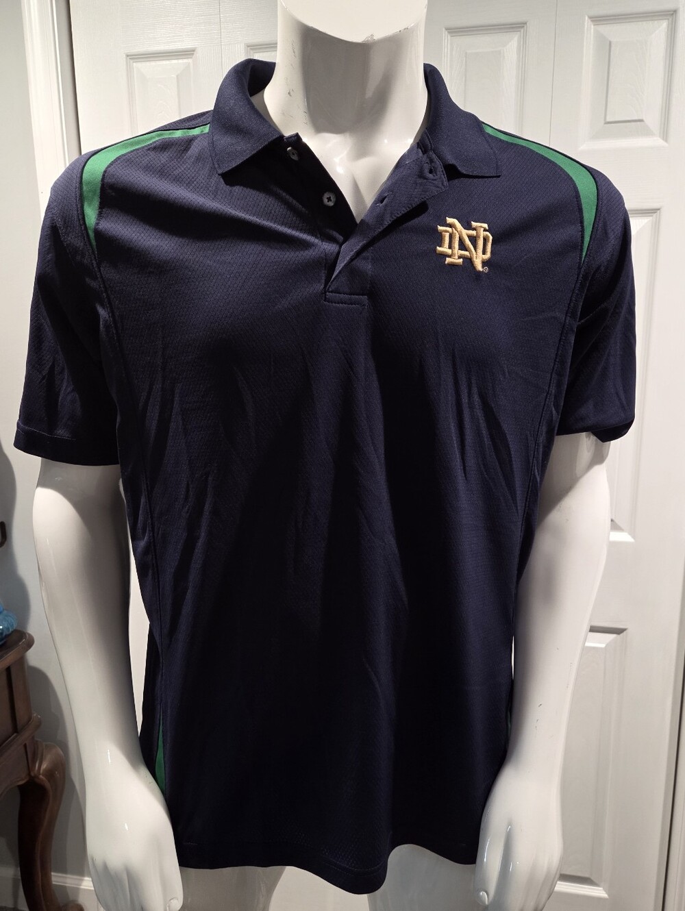 Notre Dame XL Navy Polo with Green Shoulder Stripes and Gold Logo